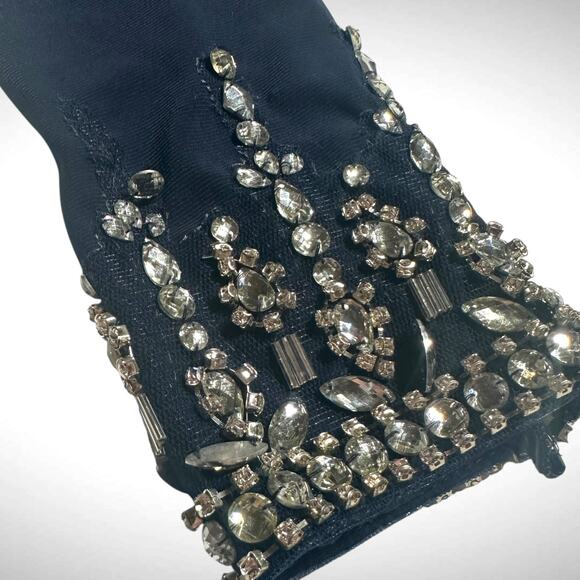 Mac Duggal Drop Shoulder Faux Wrap Navy Thigh Slit Jeweled Cuff Gown Dress Sz 4‎ - Picture 4 of 13